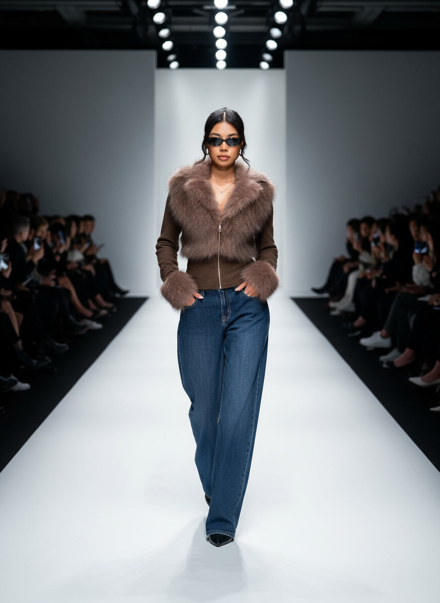 Women'S Fashion Street Style Patchwork Knit Faux Fur Jacket, Zipper Long Sleeve Coat, Fall & Winter Thick Fabric, Casual Wear