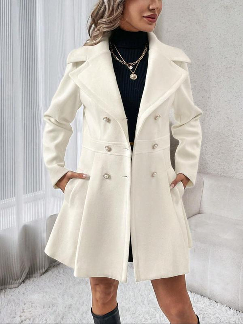 Women'S Solid Double Button Pocket Overcoat, Casual Chic Long Sleeve Lapel Neckline Outerwear for Daily Outdoor Wear, Ladies Clothes for Fall & Winter, Clothing for Women, Womenswear
